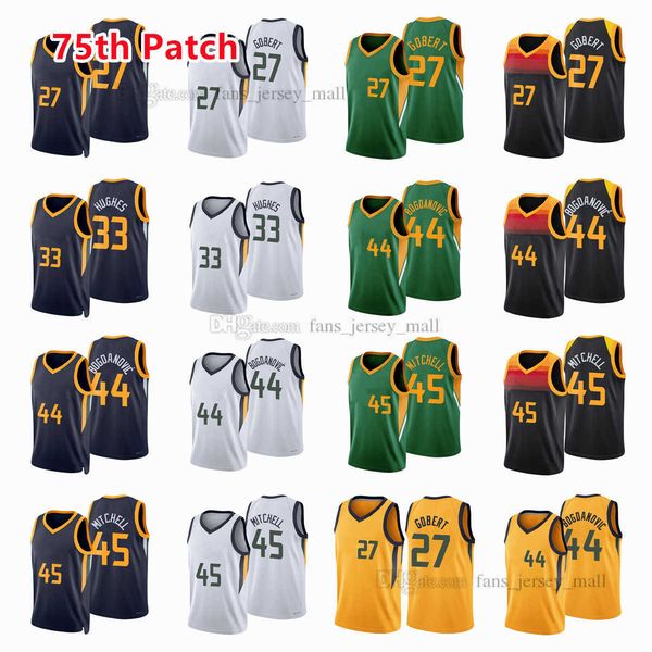 

printed 75th patch city basketball jerseys elijah 33 hughes rudy 27 gobert donovan 45 mitchell bojan 44 bogdanovic jersey color white green, Black;red