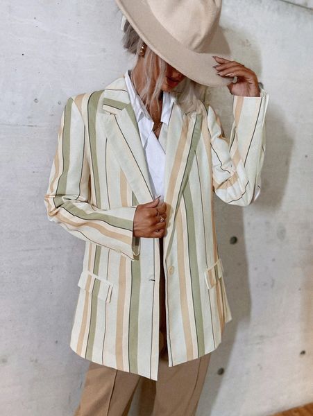 

peak collar striped print single button blazer b7fe#, White