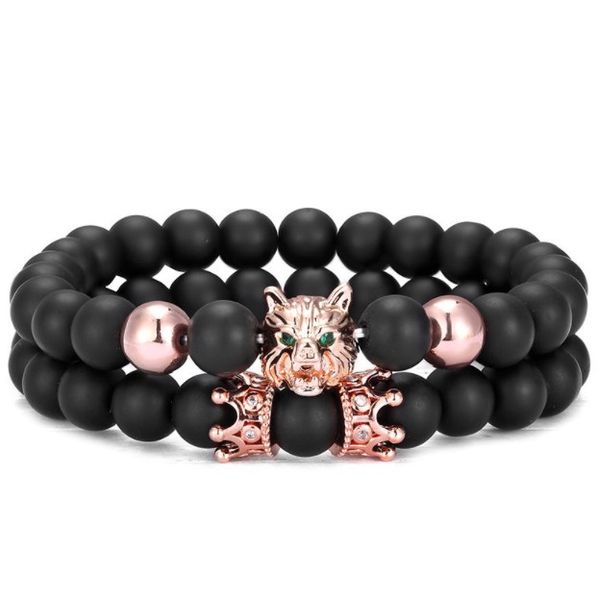 

2pcs/set volcanic stone wolf head black matte skull 8mm gold silver copper cz zircon cubic zirconia beads bracelet agate onyx stone bangles