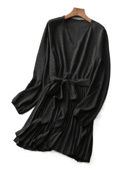 

plus swiss dot v-neck pleated hem belted dress z6vp#, Black