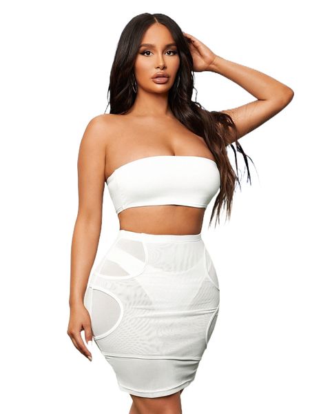 

sxy backless crop tube & panty lined bodycon skirt n238#, White