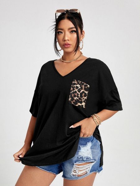 

plus leopard drop shoulder tee k7q6#, Black