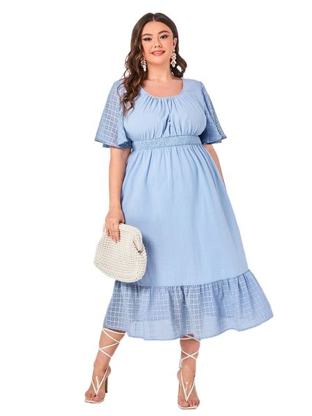

plus flutter sleeve shirred waist ruffle hem dress v3dt#, Black