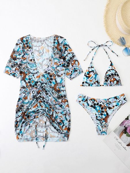 

3pack allover print halter bikini swimsuit & cover up f5tv#, White;black