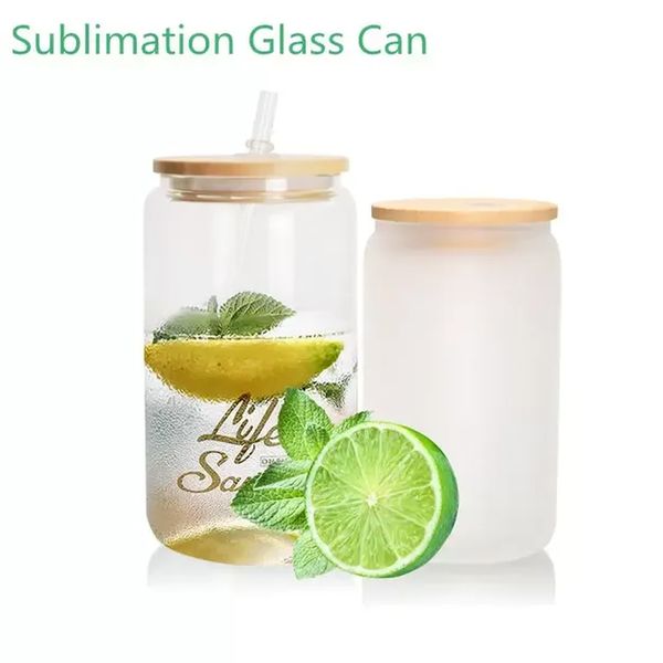 

sublimation 12oz 16oz clear glass tumbler juice can personalized coffee mug with bamboo lid plastic straw cup frosted water cup sxa11
