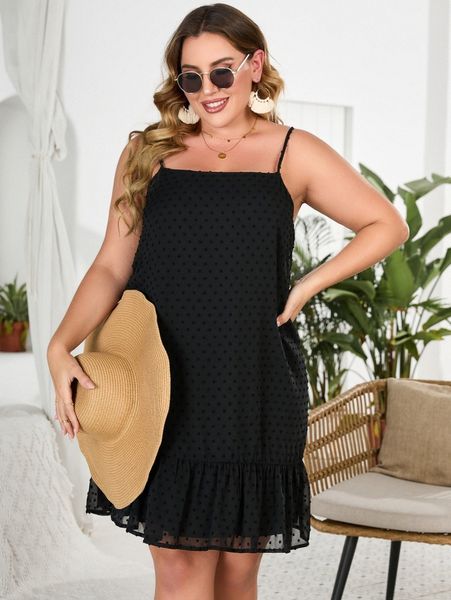 

plus swiss dot ruffle hem cami dress f6qa#, Black