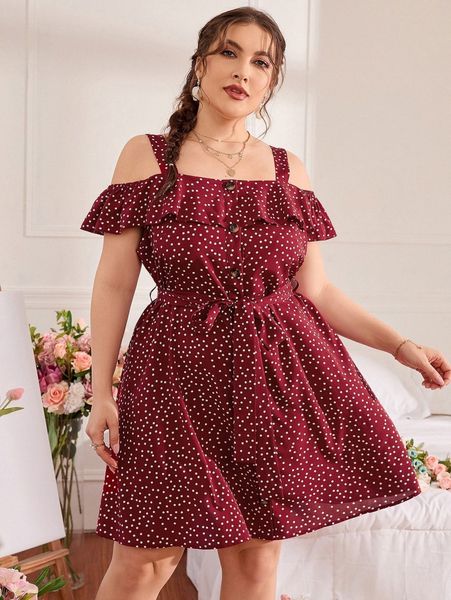 

plus polka dot cold shoulder ruffle trim belted dress e9we#, Black