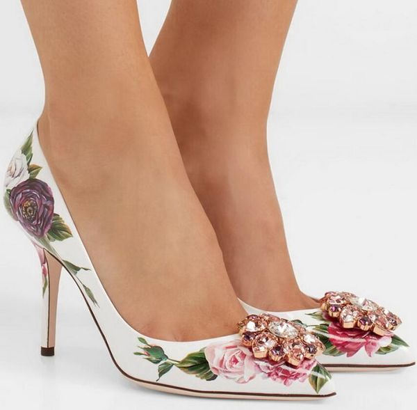 

pink white rose flower print high heeled shoes rhinestone fashion thin high heel lady pumps wedding dress shoes, Black