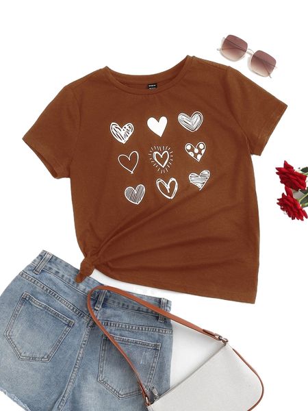 

heart print round neck tee 18l6#, White