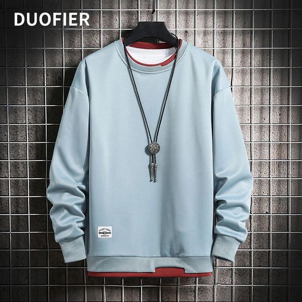 

new mens casual sweatshirts long sleeve harajuku hoodie men fake two pieces 6 color o-neck fashion style male loose sweater l220730, Black