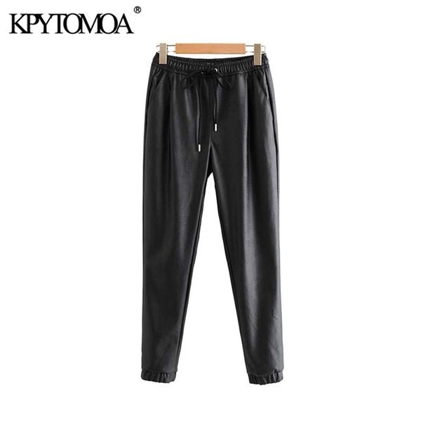 

vintage stylish pu leather pockets pants women 2020 fashion elastic waist drawstring tie ankle trousers pantalones mujer lj200813, Black;white