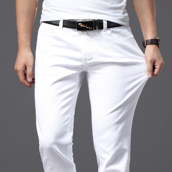 

brother wang men white jeans fashion casual classic style slim fit soft trousers male brand advanced stretch pants 220711, Blue
