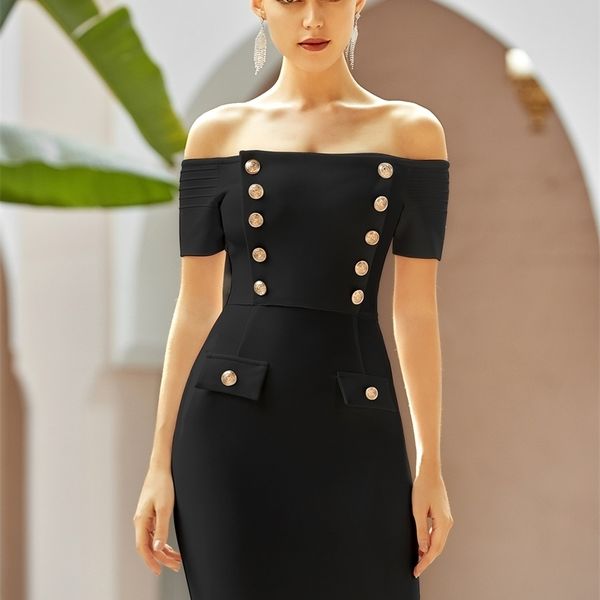 

adyce summer black off shoulder club bandage dress women short sleeve buttons celebrity evening runway party dress 220509, Black;gray