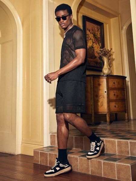 

men solid sheer tee & drawstring waist shorts h9se#, Gray