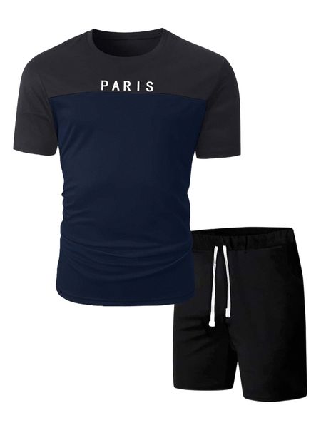 

men color block letter graphic tee & shorts e0s2#, Gray
