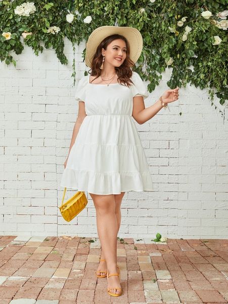 

plus square neck puff sleeve ruffle hem dress y5rs#, Black