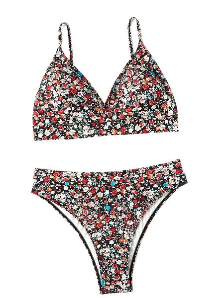 

plus ditsy floral print bikini swimsuit z202#, White;black
