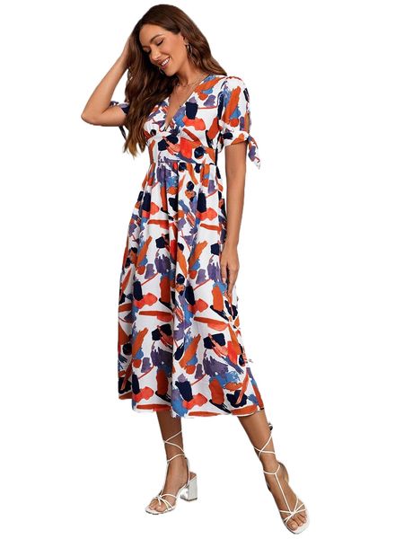 

allover print knot cuff a-line dress a6zx#, Black;gray