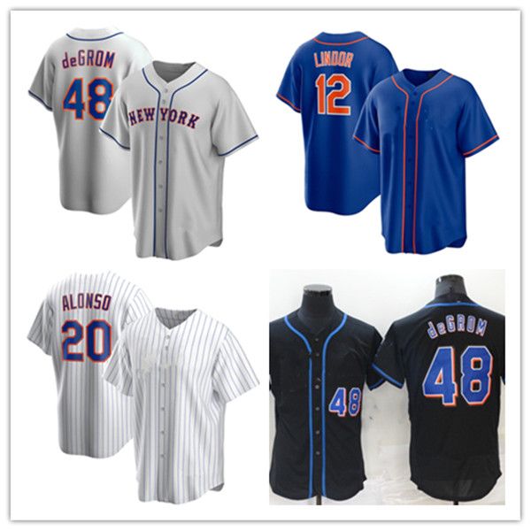 Maglie da baseball Jacob deGrom 48 Pete Alonso 20 Francisco Lindor 12 Bianco Blu Grigio Colore nero Abbottonatura Uomo Taglia S-XXXL Mescola e abbina tutte le maglie Vuoto Senza nome