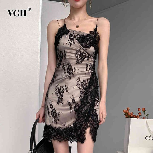 

patchwork lace sling dress for women square collar sleeveless high waist mini dresses female summer style 210423, Black;gray