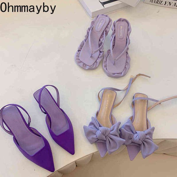 Сандалии 2022 летние пурпурные заостренные носки для ботинки с тонкой низкой каблукой на женских элегантных насосах