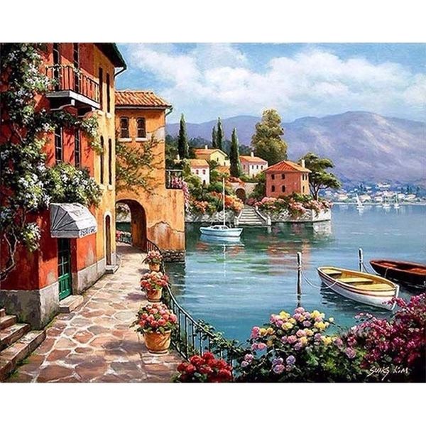 Dipingere con i numeri Fai da te Goccia 50x65 60x75cm Bella città d'acqua Paesaggio Tela Decorazione di nozze Immagine artistica Regalo LJ200908