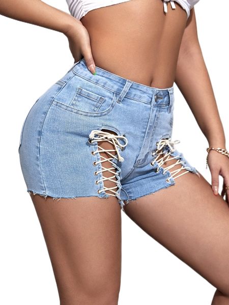 

sxy cut out lace up front raw trim denim shorts 273r#, White;black