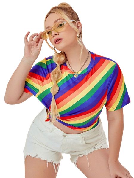 

plus rainbow striped print tee o6yr#, Black