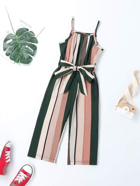 

toddler girls striped print belted cami jumpsuit she, Blue