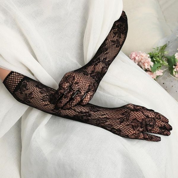 Fünf-Finger-Handschuhe, 1 Paar, sexy Damen-Netz-Fäustlinge, kurz/lang, dehnbar, Blumenmuster, Braut-Spitze, Gothic, Steampunk, Kostüm-Fäustlinge