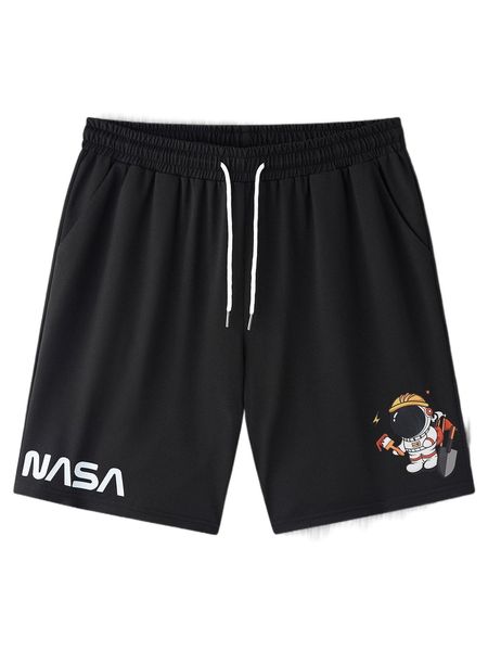

men astronaut & letter graphic drawstring waist track shorts d5n0#, White;black