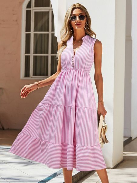 

striped print notched neck a-line dress 31zy#, Black;gray