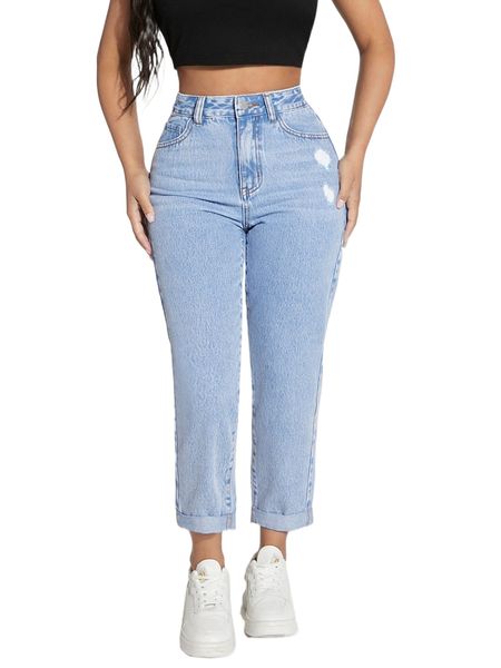 

petite high waist ripped roll up hem straight leg jeans v1kr#, Blue