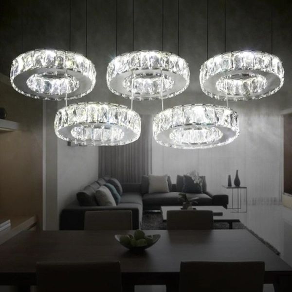 Lâmpadas pendentes de boa qualidade chrome lustre ledeiro led anel de diamante círculo de aço inoxidável luminárias de luminárias