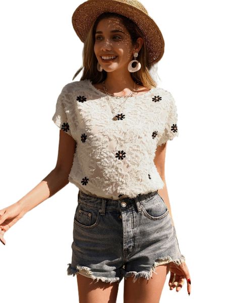 

flower pattern batwing sleeve fuzzy chiffon blouse 96qb#, White