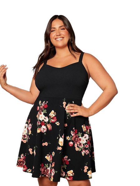 

plus floral panel cami dress 88vq#, Black