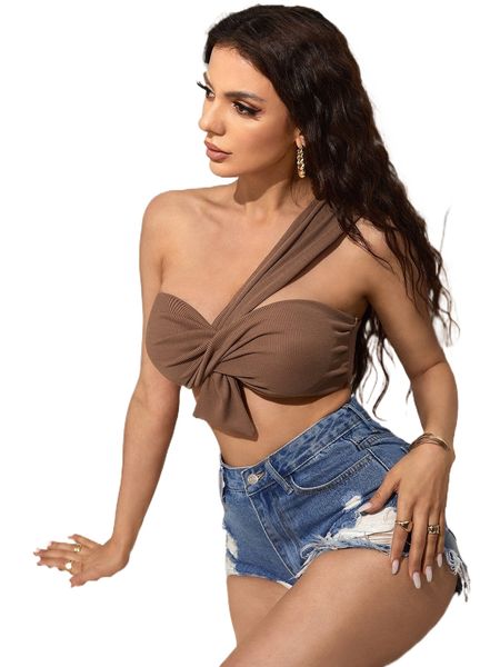 

ribbed knit twist front one shoulder crop f9yg#, White