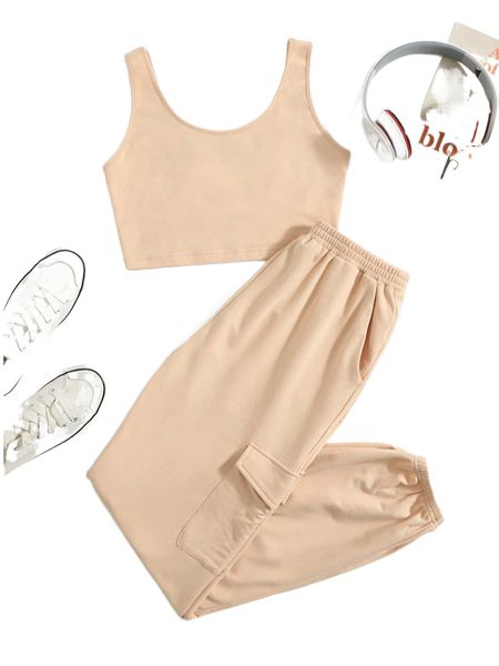 

solid crop tank & flap pocket side sweatpants g16w#, White