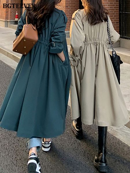 

stylish lapel women long trench coats spring full sleeve double breasted elastic waist belted female windbreaker 2022, Tan;black