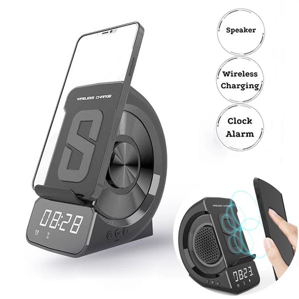 

qi wireless charger speaker clock with fm radio audio tf card reader multifunction mobile phone charging holder