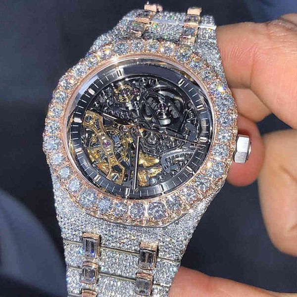 Versione scheletro moissanite diamanti orologio superato test argento rosa movimento meccanico ETA di alta qualità da uomo di lusso completamente ghiacciato