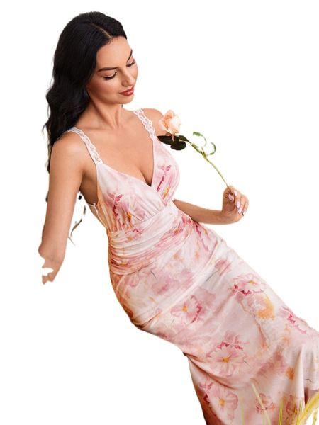 

floral print ruched contrast lace mesh night dress a6gu#, Black;red