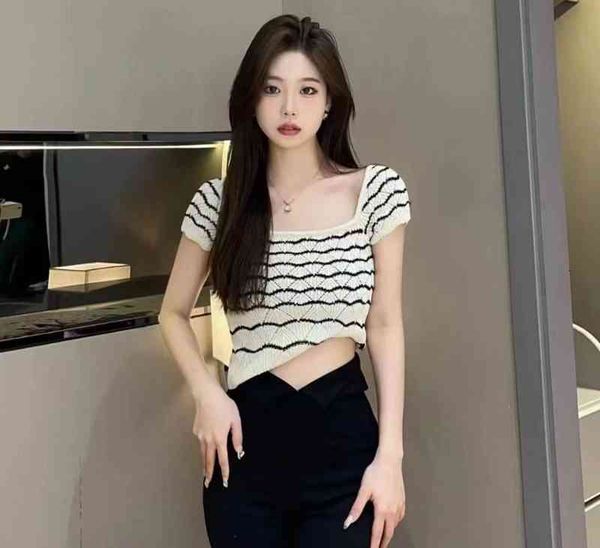 

women's knits & tees 2022ss net red same black and white stripe knit classic one line neck lazy style elegant goddess pwvp
