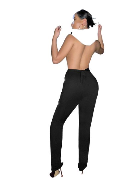 

sxy plunge neck solid backless jumpsuit a7zu#, Black;white