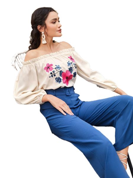 

floral embroidery off shoulder lantern sleeve & belted pants u9gm#, White
