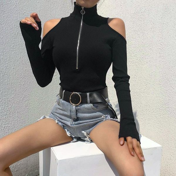 Женские брюки с двумя частями jiezuofang simeual turtleneck Zipper bodysuits с открытыми Soulders 2023 с длинным рукавом мода сексуальная повязка черная прыжки