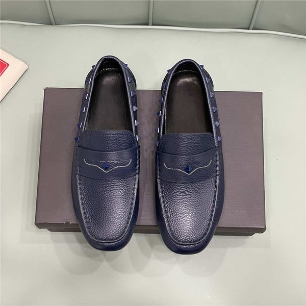 

men leather casual shoes summer driving shoes lightweight rubber flat bottom rivet bean shoe, Black