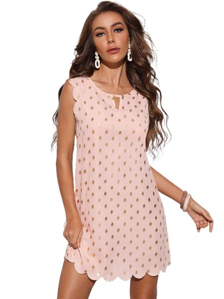 

keyhole neck gold dot scallop trim tunic dress x7go#, Black;gray