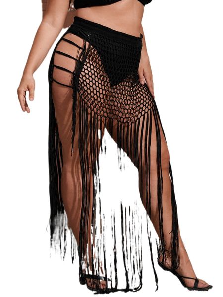 

plus crochet fringe hem cover up skirt c3x7#, Black