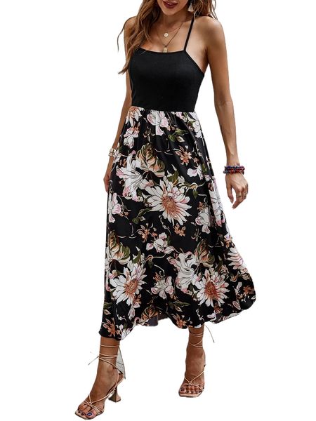 

floral print criss cross backless cami dress without belt p0i2#, Black;gray